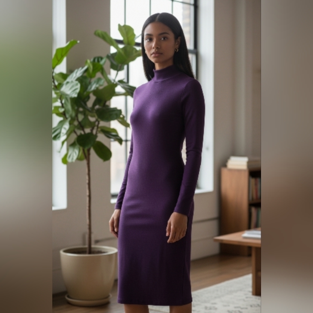 Sergio Hudson Purple Long Sleeve Mock Neck Sheath Dress Cocktail Size XXS.